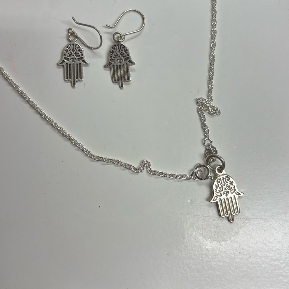 Silver Hamsa Necklace and Earring Set 925